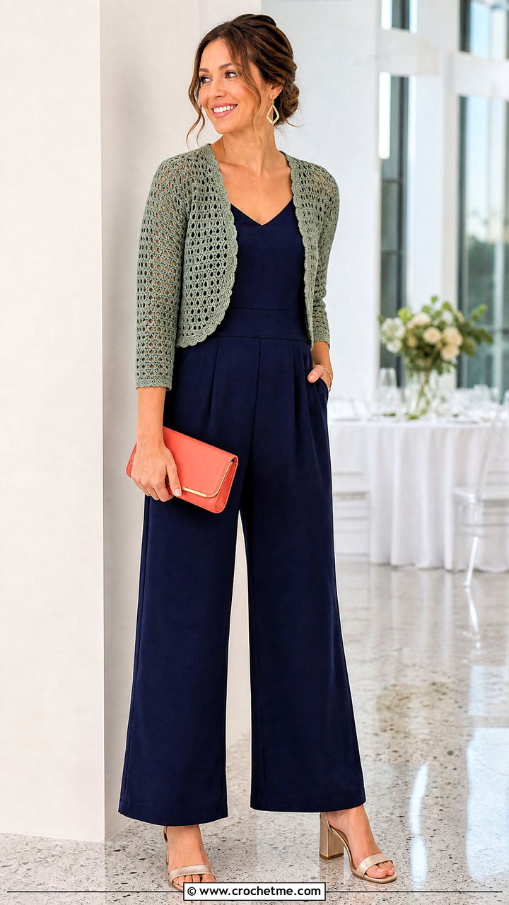 Cropped Green Crochet Bolero Sweater With Jumpsuit - 35 green crochet sweater outfit ideas