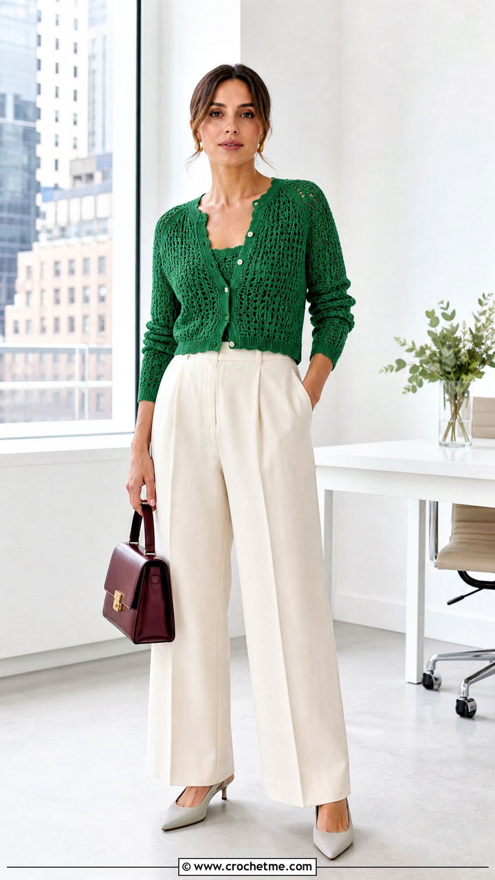 Cropped Green Crochet Cardigan With Wide Leg Trousers - 35 green crochet cardigan outfit ideas