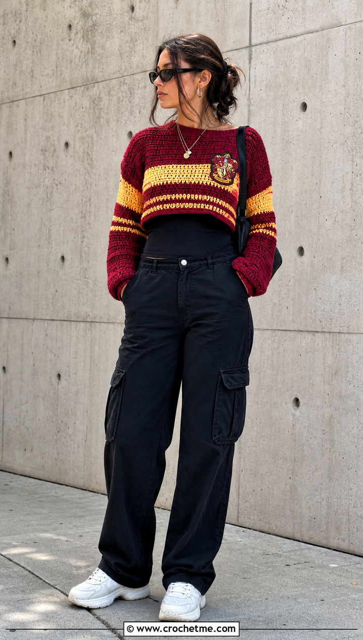 Cropped Gryffindor Crochet Sweater With Black Cargo Pants - 35 crochet harry potter sweater outfit ideas