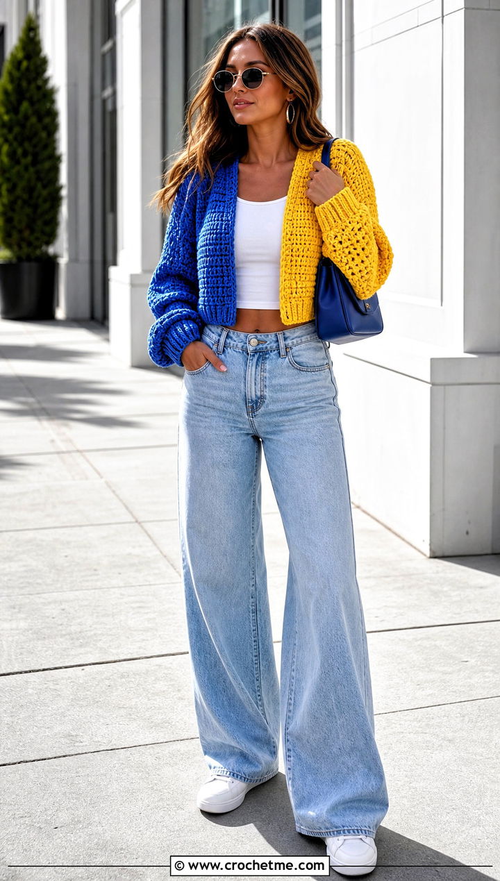 Cropped Half And Half Crochet Cardigan With Wide Leg Jeans - 20 Half And Half Crochet Cardigan outfit ideas