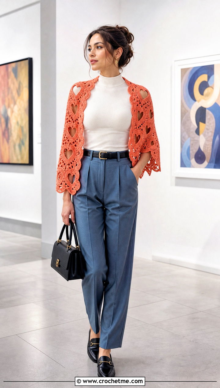 Cropped Heart Crochet Shawl With Pleated Trousers - 25 Heart Crochet Shawl outfit ideas