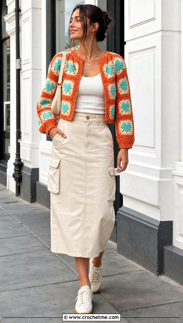 Cropped Heart Granny Square Cardigan With Ecru Cargo Skirt - 35 Heart Granny Square Cardigan outfit ideas
