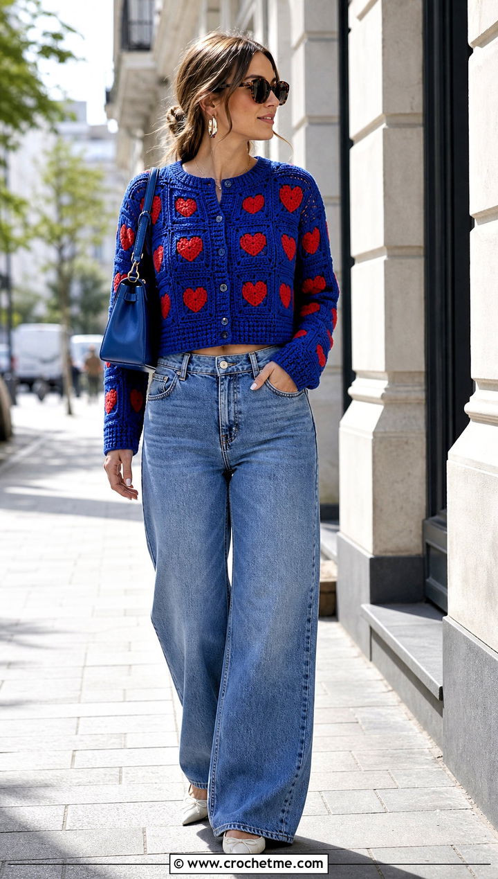 Cropped Heart Granny Square Cardigan With Wide Leg Jeans - 35 crochet heart cardigan outfit ideas