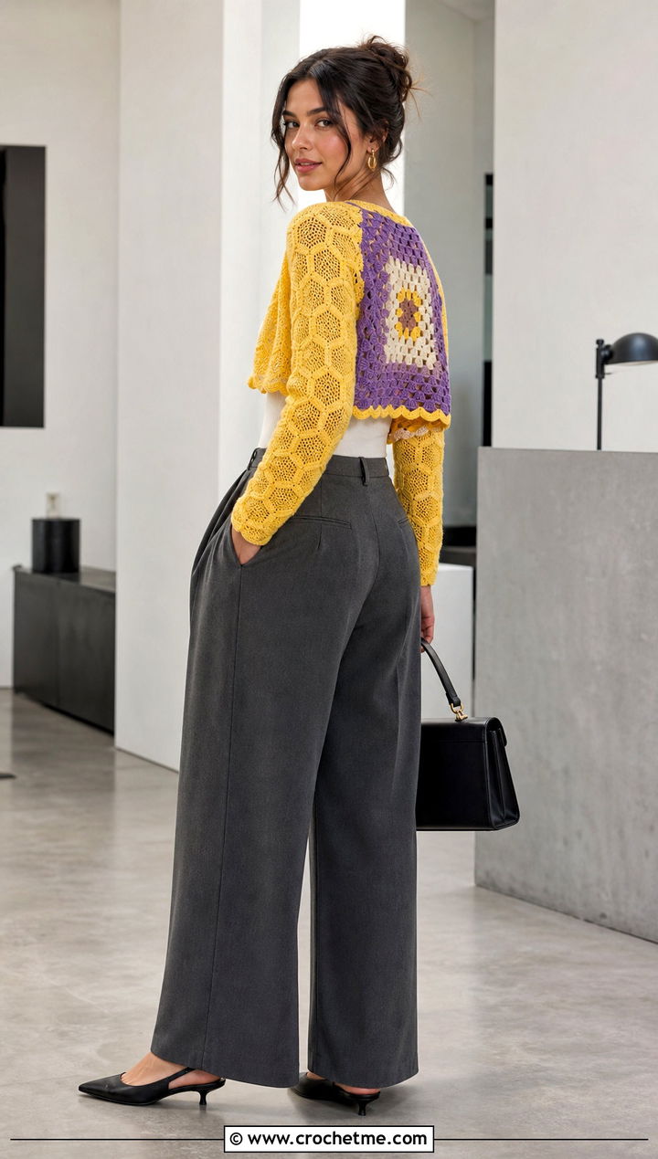 Cropped Hexagon Cardigan With Granny Square Back And Wide Leg Trousers - 20 Hexagon Cardigan With Granny Square Back outfit ideas