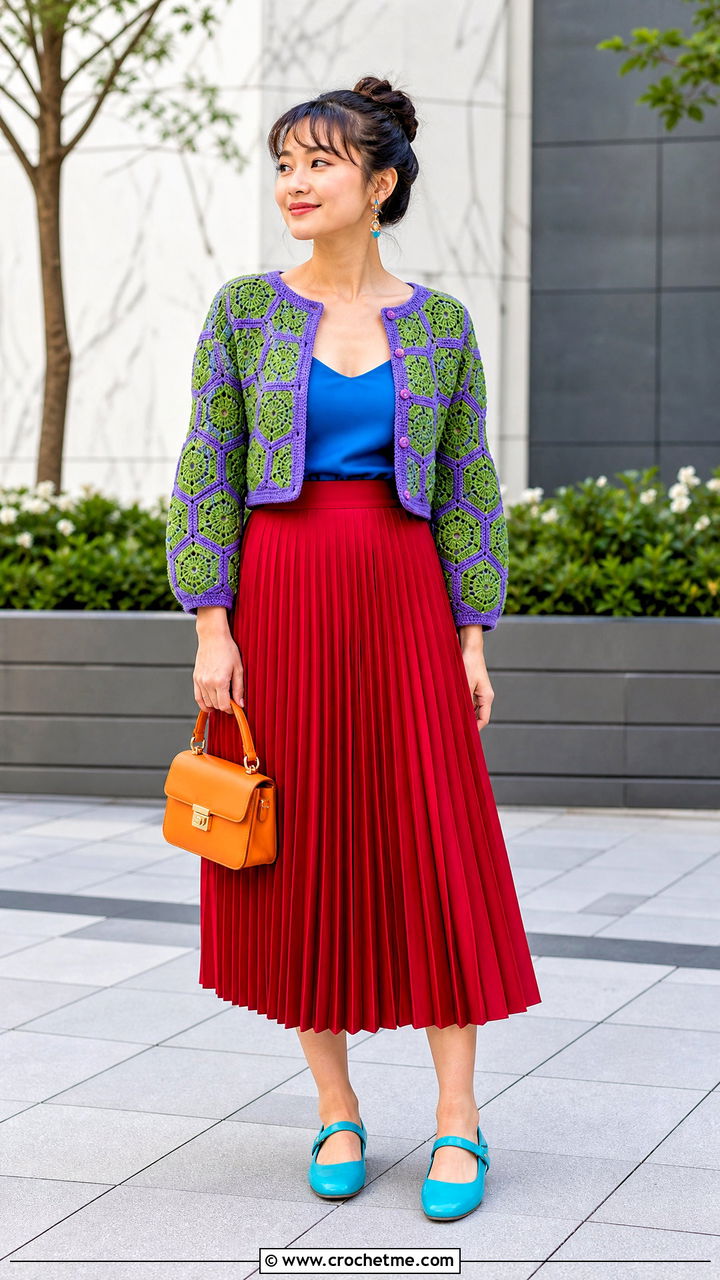 Cropped Hexagon Cardigan With Midi Skirt - 35 crochet hexagon cardigan outfit ideas