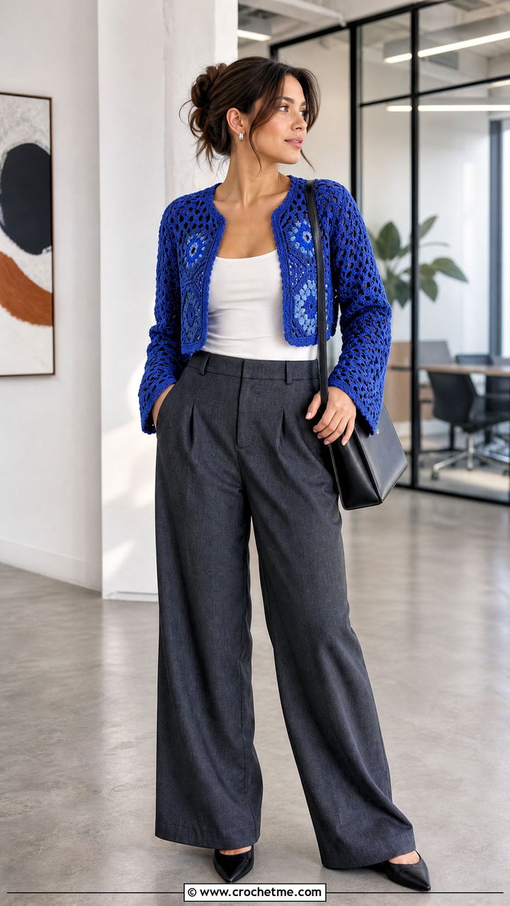 Cropped Hexagon Crochet Cardigan With Wide Leg Trousers - 35 beginner crochet cardigan outfit ideas