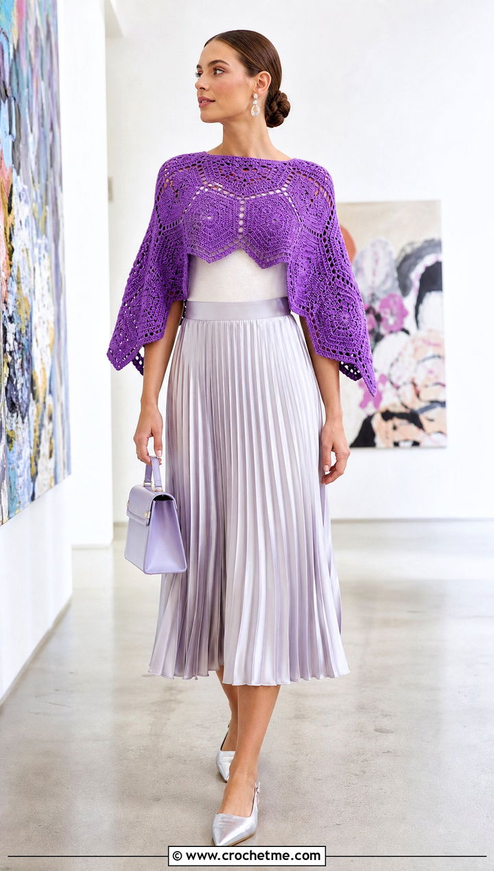 Cropped Hexagon Crochet Poncho With Pleated Midi Skirt - 20 Hexagon Crochet Poncho outfit ideas