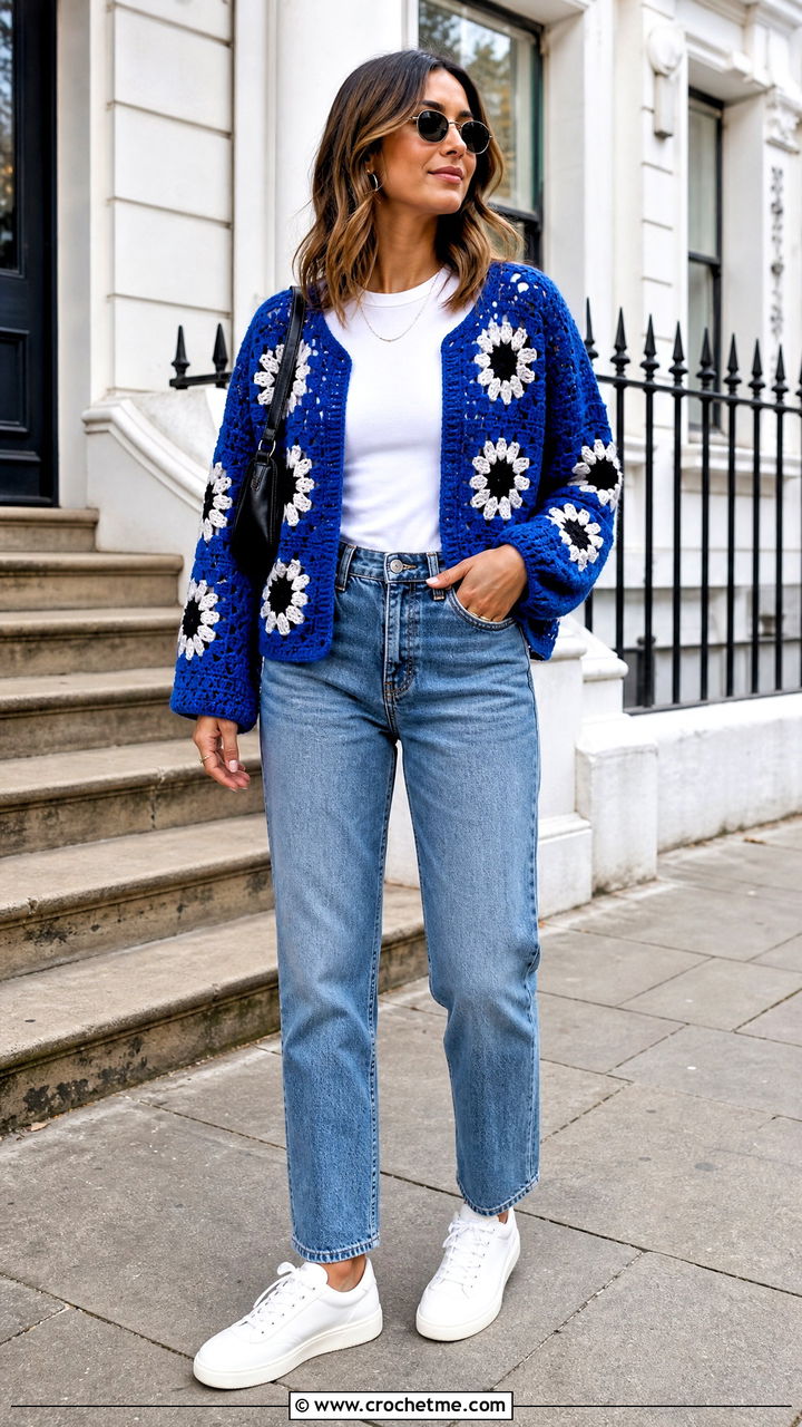 Cropped Hexagon Granny Square Cardigan With Straight Leg Jeans - 35 hexagon granny square cardigan outfit ideas