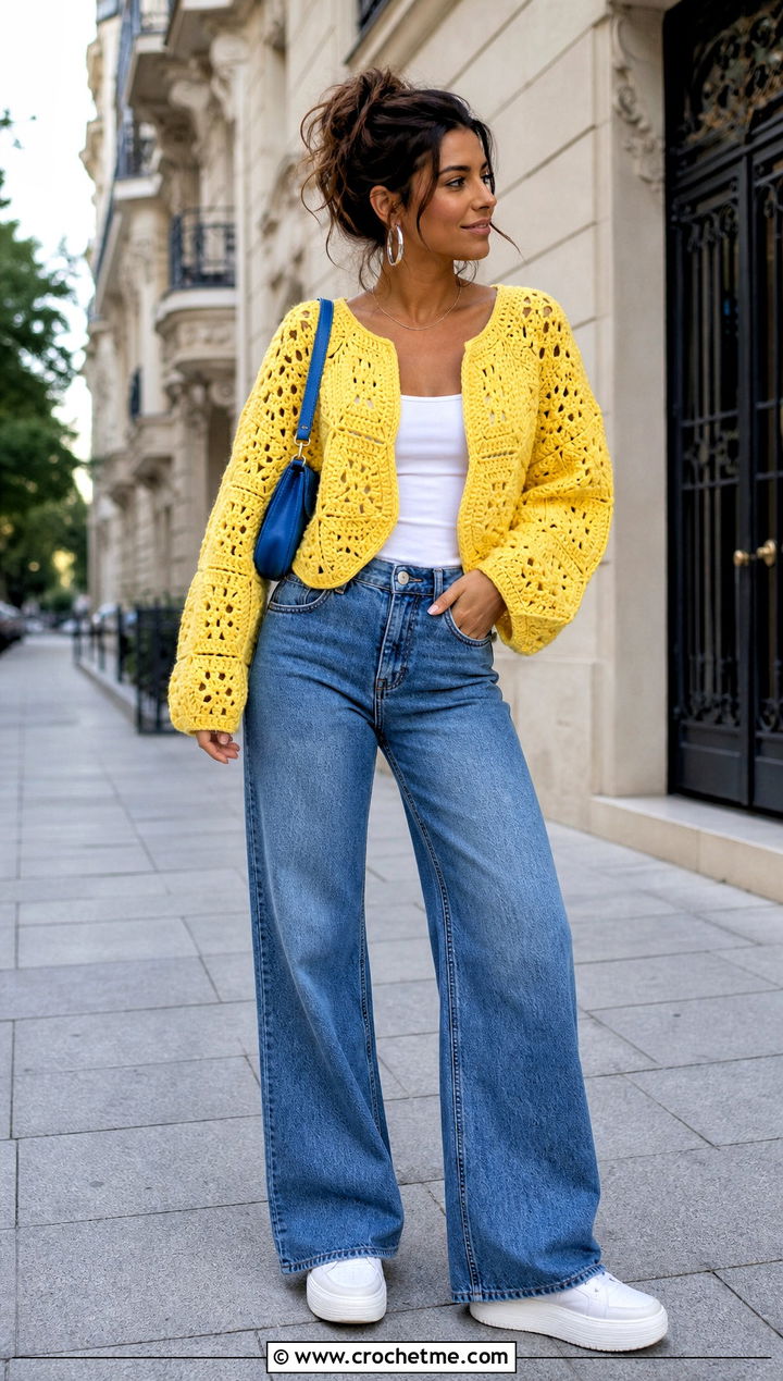 Cropped Hexagon Granny Square Cardigan With Wide Leg Jeans - 35 hexagon granny square sweater outfit ideas