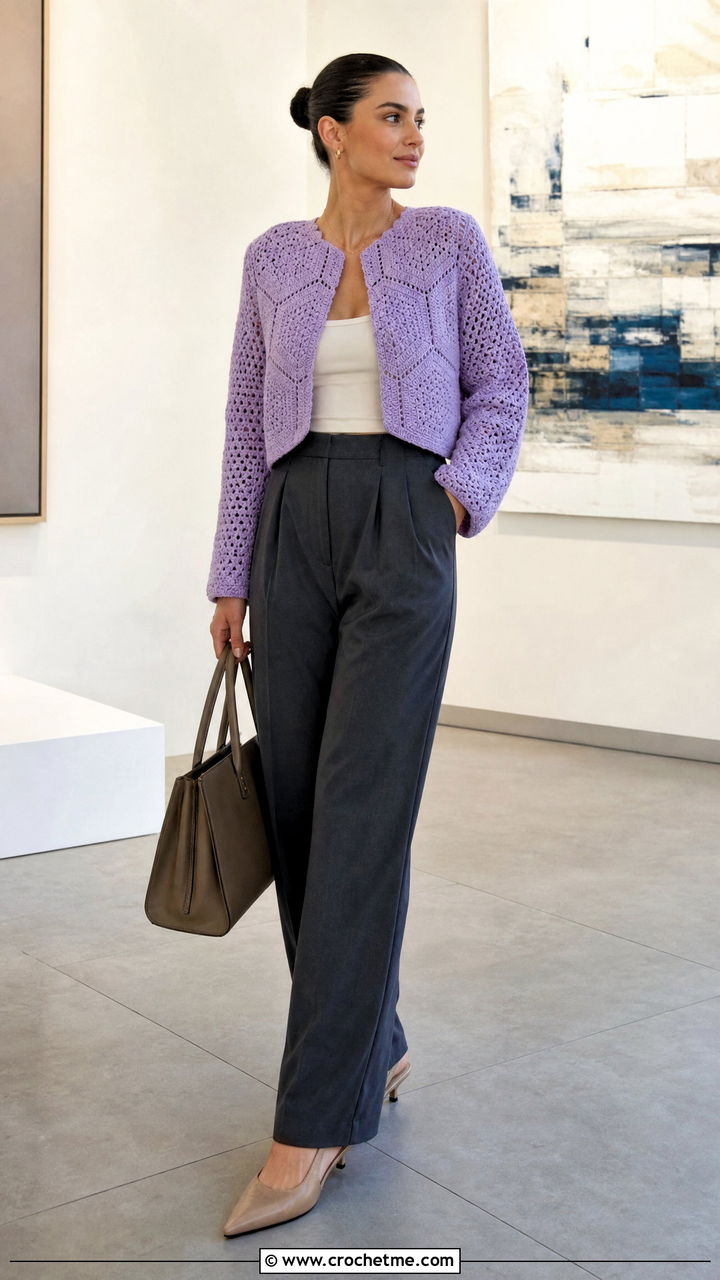 Cropped Hexagon Pullover With Pleated Trousers - 35 crochet hexagon sweater outfit ideas
