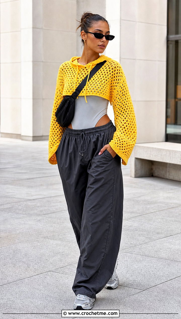 Cropped Hexi Crochet Hoodie With Parachute Pants - 20 hexi crochet hoodie outfit ideas