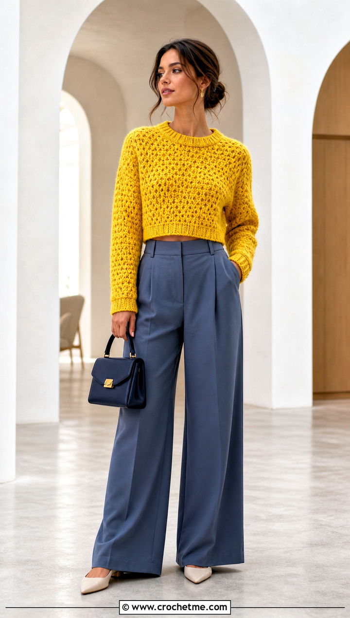 Cropped Honeycomb Stitch Jumper With Wide Leg Trousers - 30 tunisian crochet jumper outfit ideas