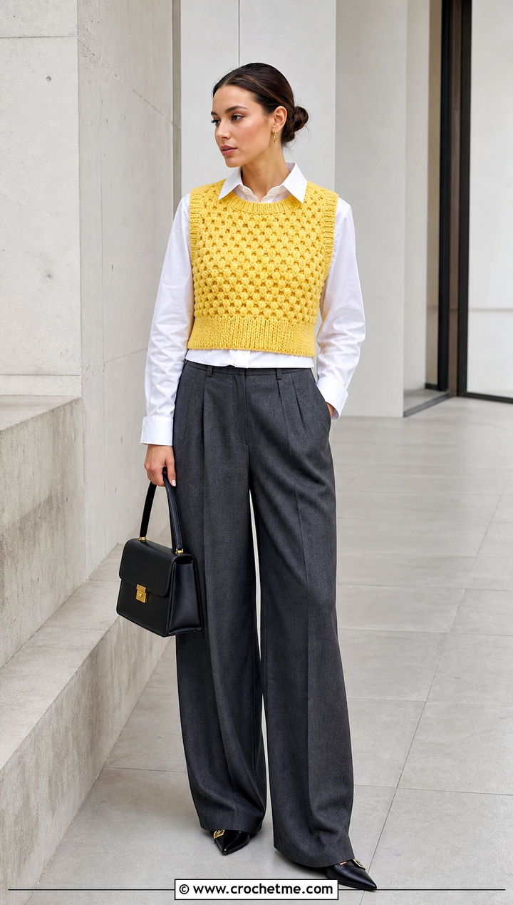 Cropped Honeycomb Tunisian Crochet Sweater Vest With Pleated Trousers - 25 tunisian crochet sweater vest outfit ideas