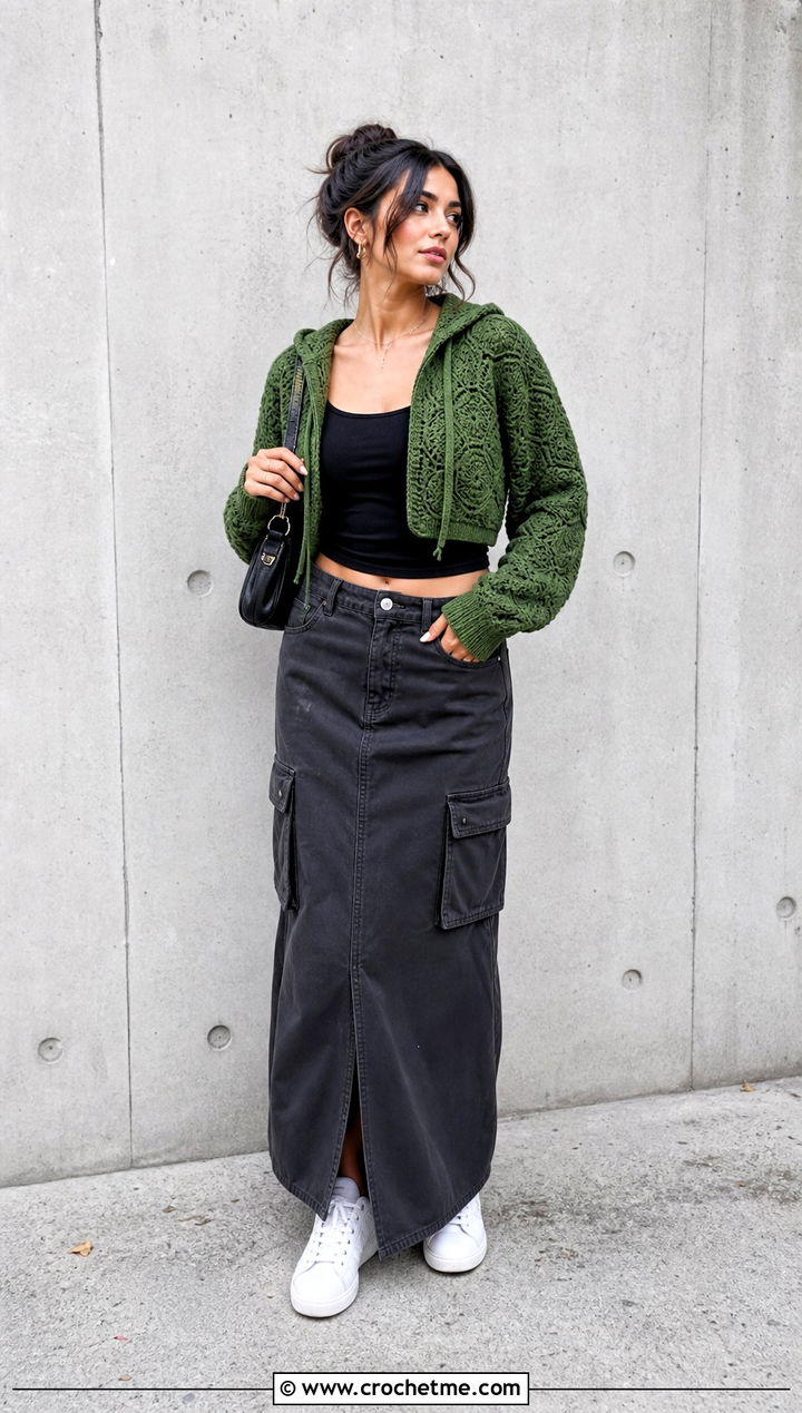 Cropped Hooded Campfire Cardigan With Cargo Skirt - 30 crochet campfire cardigan outfit ideas
