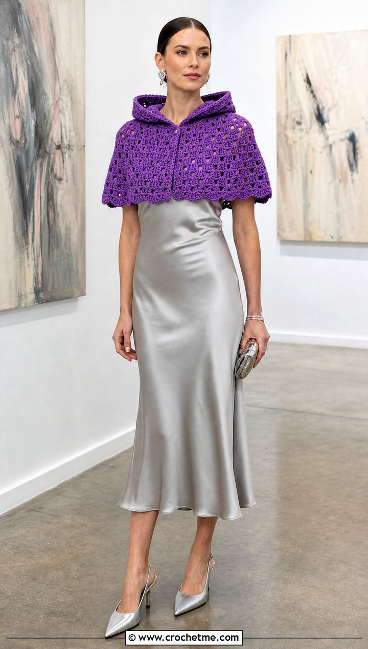 Cropped Hooded Crochet Cape With Slip Dress - 25 Hooded Crochet Cape outfit ideas