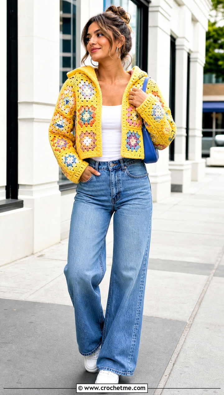 Cropped Hooded Granny Square Cardigan With Wide Leg Jeans - 30 granny square cardigan with hood outfit ideas