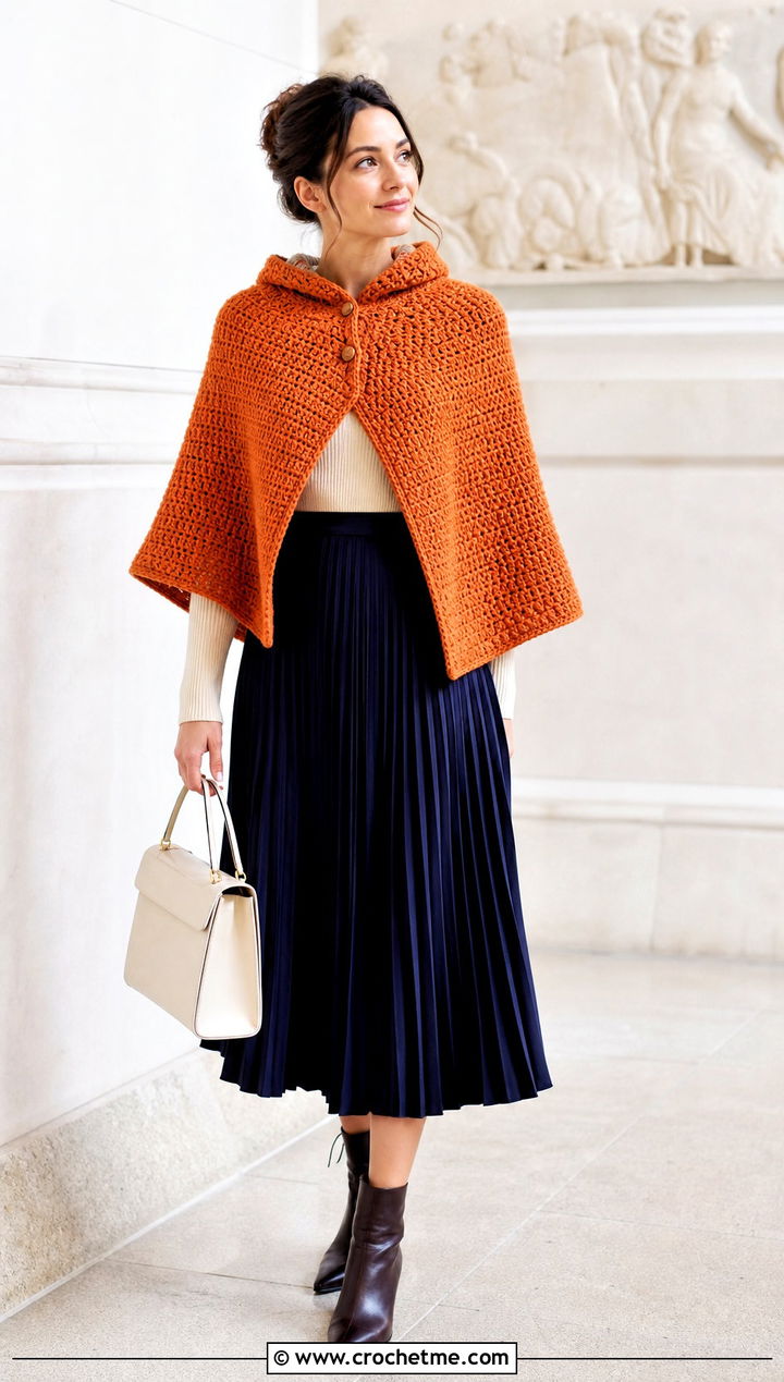 Cropped Hooded Poncho With Pleated Midi Skirt - 35 Crochet Hooded Poncho outfit ideas