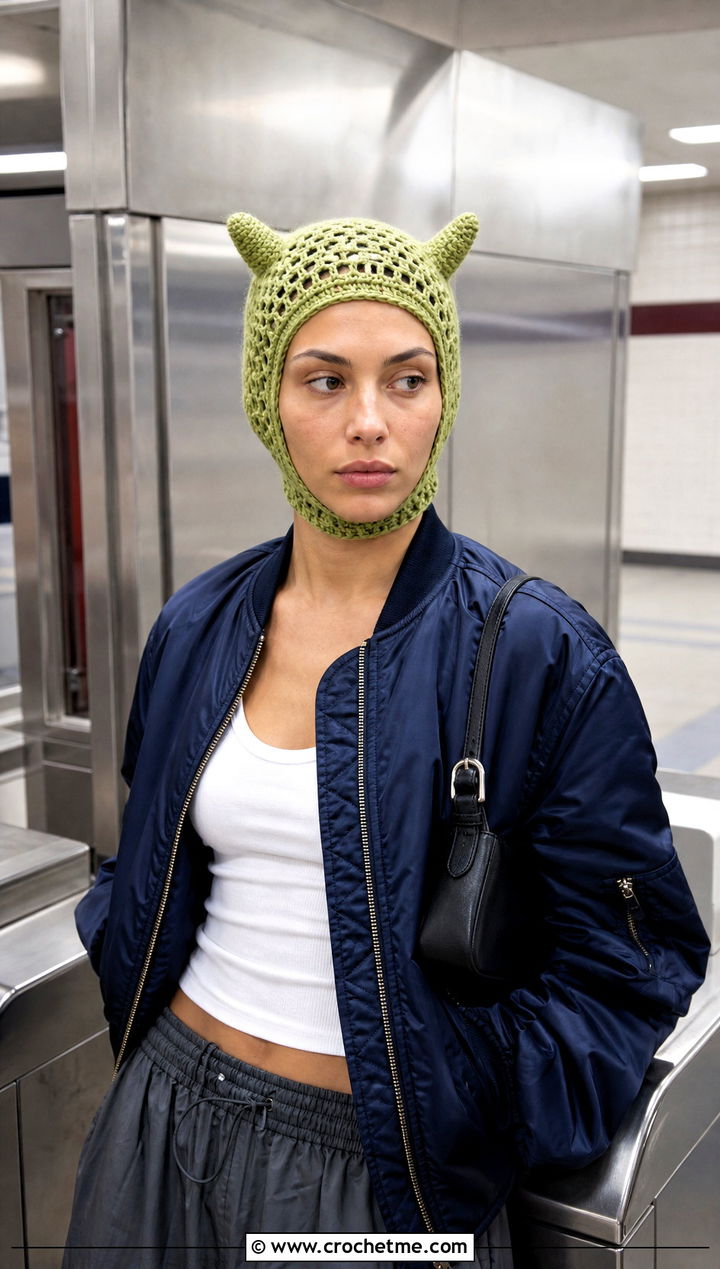 Cropped Horn Hood With Bomber Jacket - 30 crochet hat with horns outfit ideas