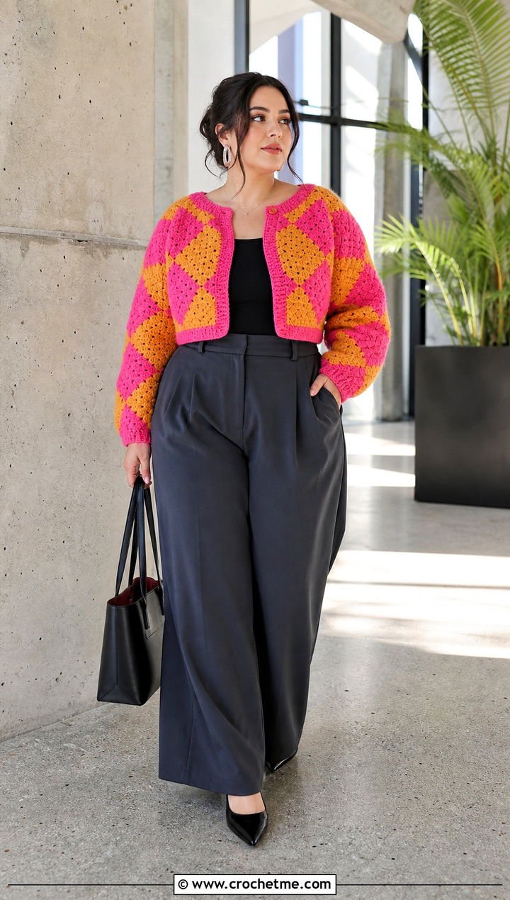 Cropped Howl Crochet Cardigan With Wide Leg Trousers - 25 Howl Crochet Cardigan outfit ideas