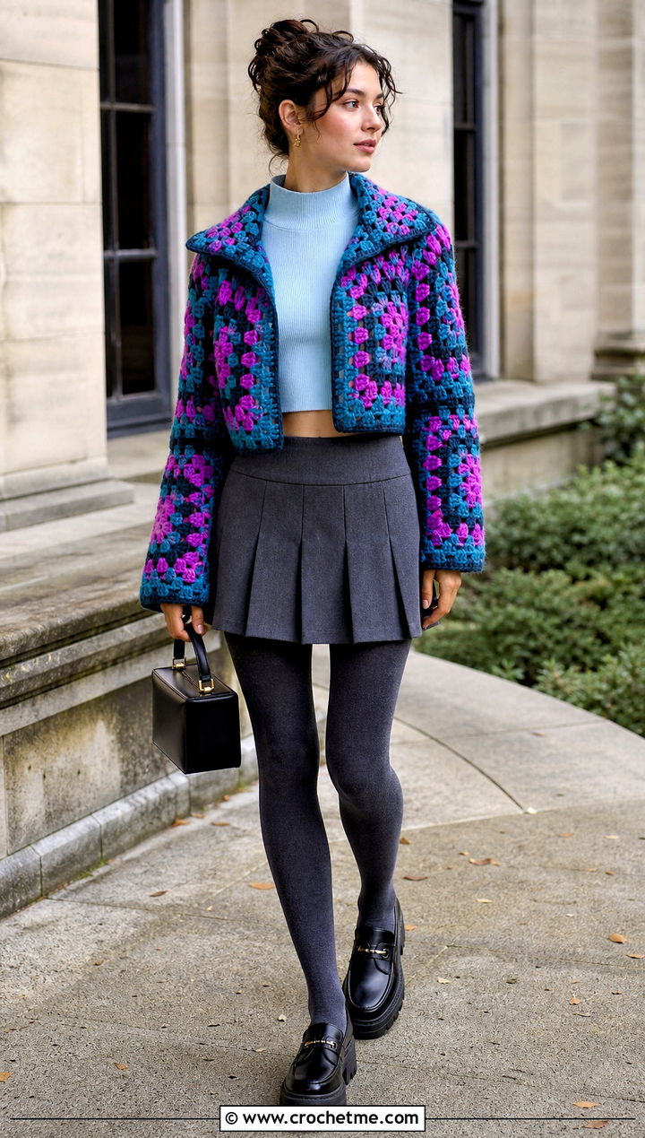 Cropped Howl Crochet Coat With Pleated Mini Skirt - 25 howl crochet coat outfit ideas