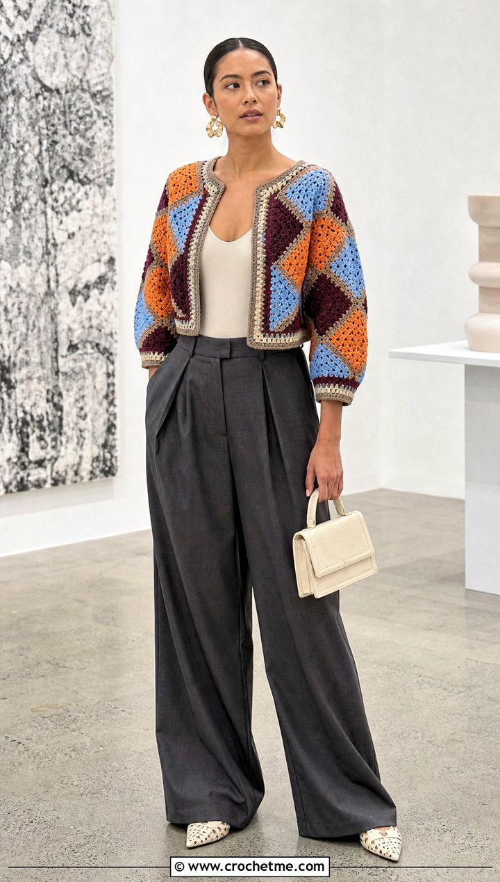 Cropped Howls Crochet Jacket With Wide Leg Trousers - 25 Howl's Crochet Jacket outfit ideas