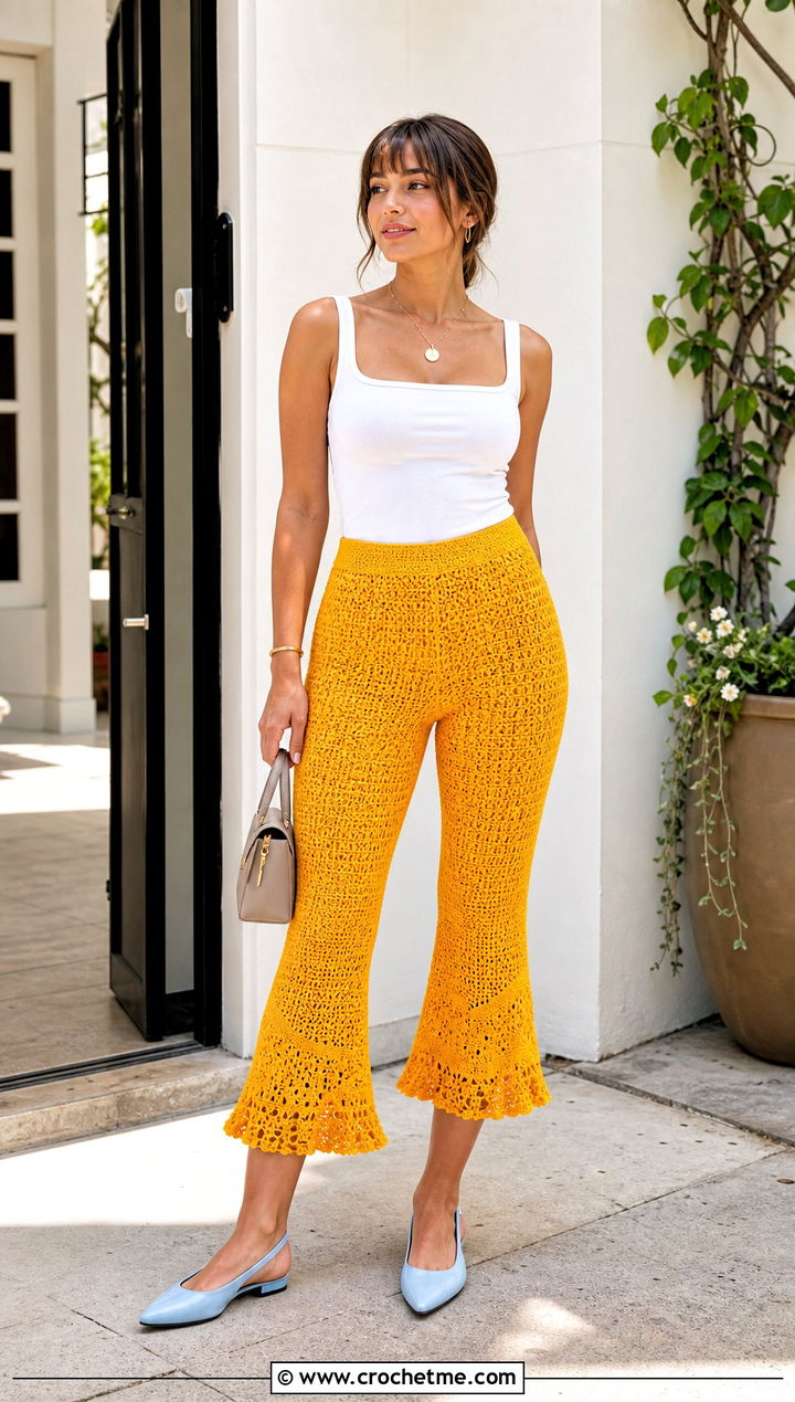 Cropped Kick Flare Crochet Pants With A Square Neck Tank - 35 Summer Crochet Pants Outfit ideas