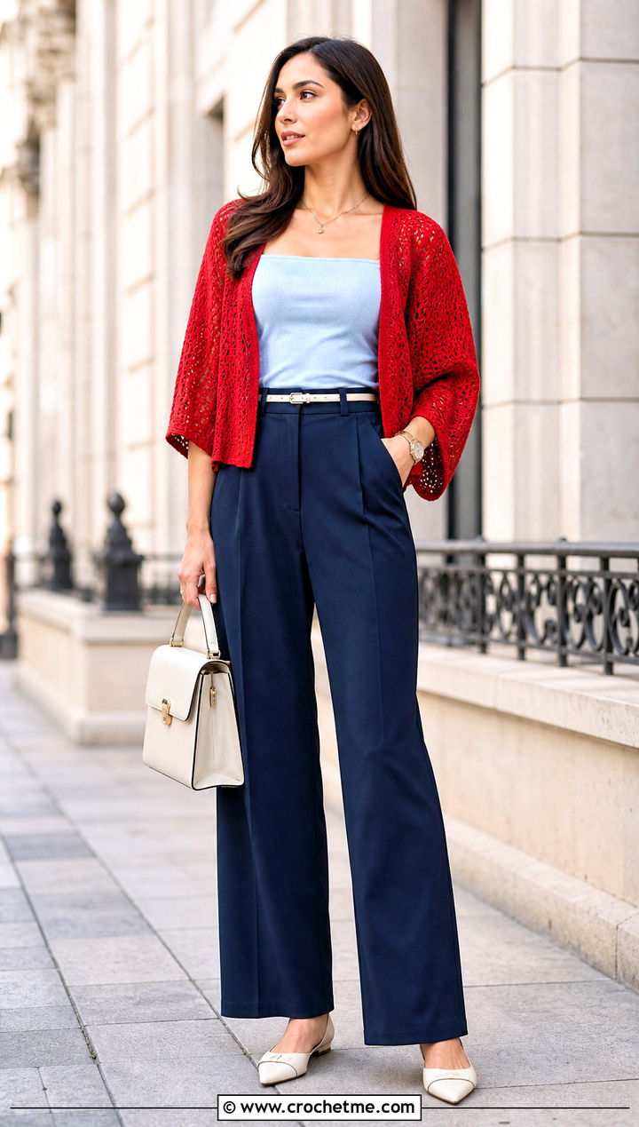 Cropped Kimono Shrug With High Waisted Trousers - 25 kimono crochet cardigan outfit ideas