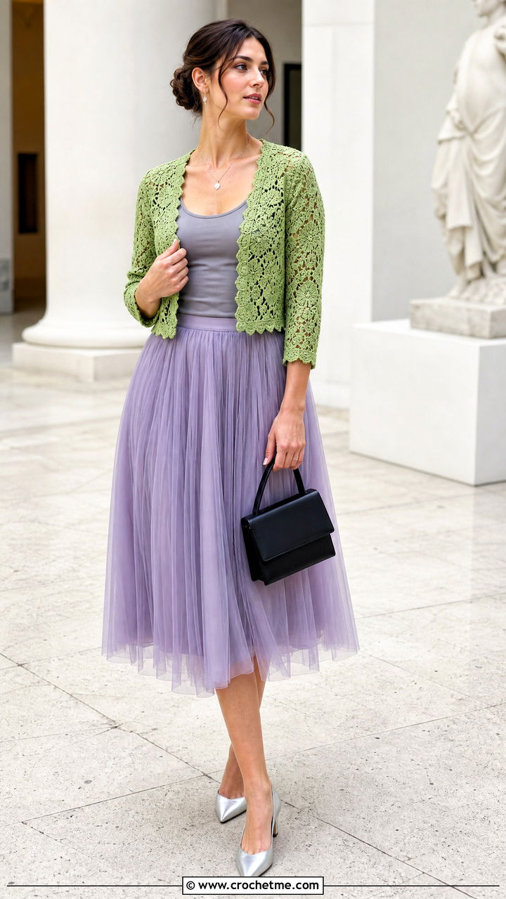Cropped Lace Green Crochet Cardigan With a Tulle Skirt - 35 green crochet cardigan outfit ideas