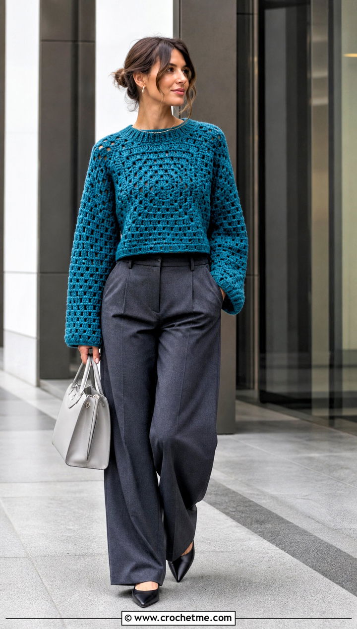 Cropped Large Granny Square Sweater With Wide Leg Trousers - 35 large granny square sweater outfit ideas