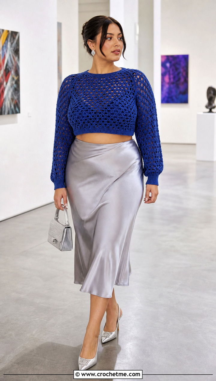 Cropped Light Crochet Sweater With Satin Midi Skirt - 25 Light Crochet Sweater outfit ideas