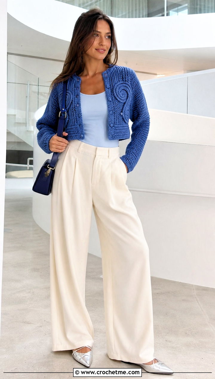 Cropped Lightly Toasted Crochet Cardigan With Wide Leg Trousers - 30 lightly toasted crochet cardigan outfit ideas