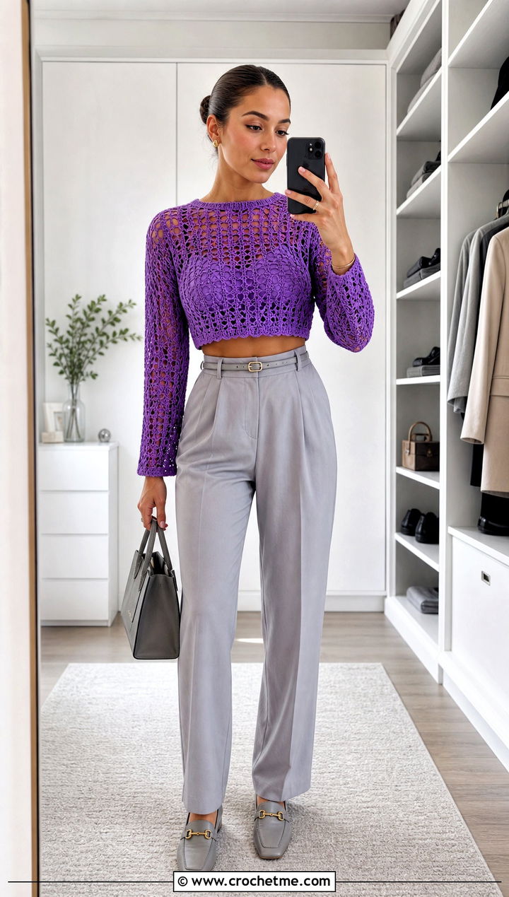 Cropped Long Sleeve Crochet Blouse With Pleated Trousers - 15 Long Sleeve Crochet Blouse outfit ideas