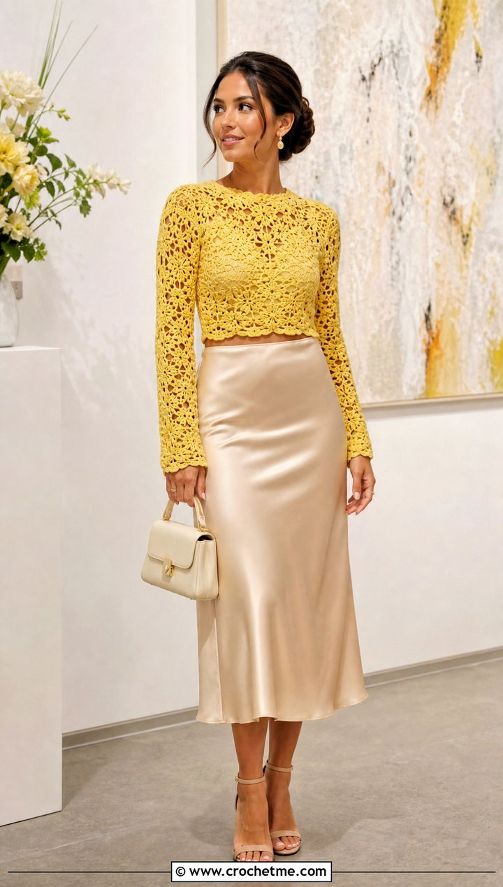 Cropped Long Sleeve Crochet Top With Satin Midi Skirt - 25 long sleeve crochet top outfit ideas