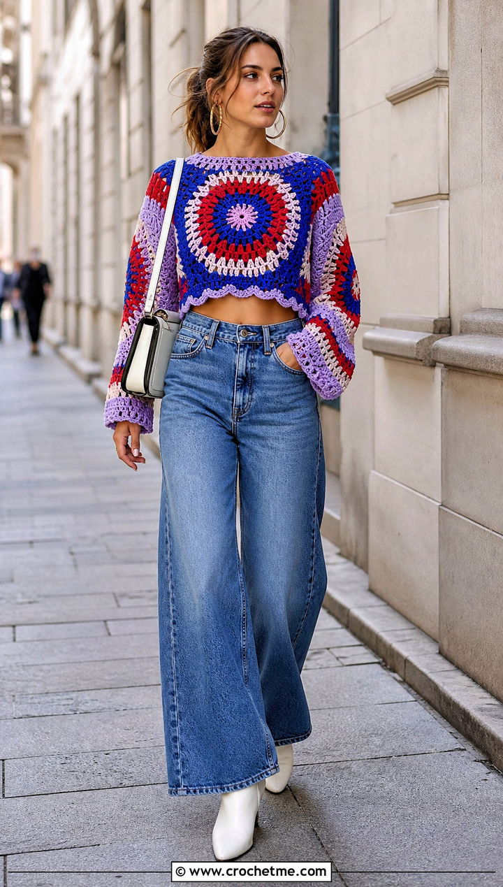 Cropped Mandala Crochet Sweater With Wide Leg Jeans - 25 Mandala Crochet Sweater outfit ideas