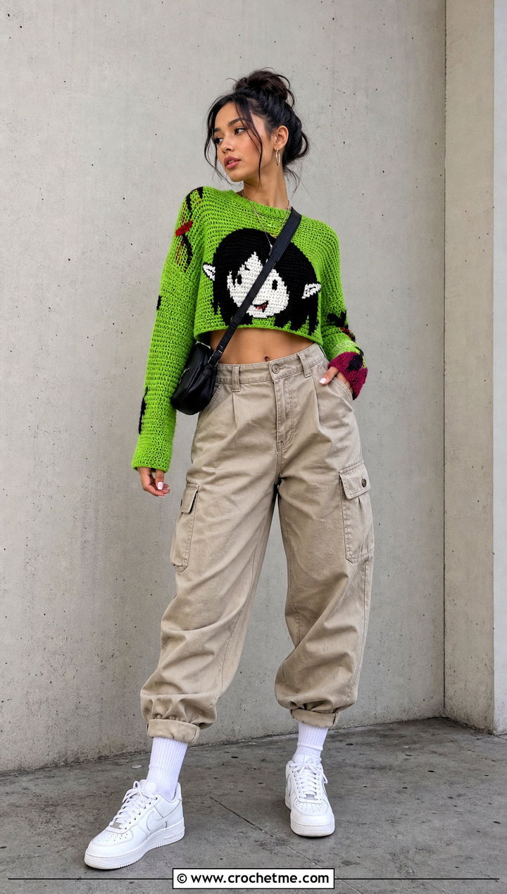 Cropped Marceline Cat Sweater With Cargo Pants - 30 crochet marceline sweater outfit ideas