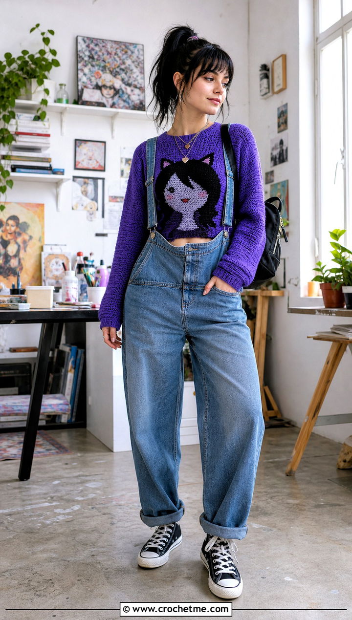 Cropped Marceline Cat Sweater With Overalls - 30 crochet marceline sweater outfit ideas