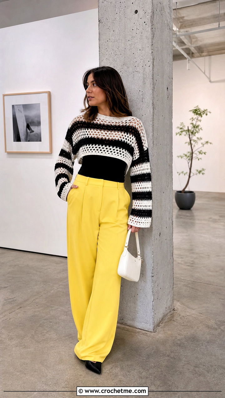 Cropped Mesh Black And White Striped Crochet Sweater With Wide Leg Trousers - 25 black and white striped crochet sweater outfit ideas