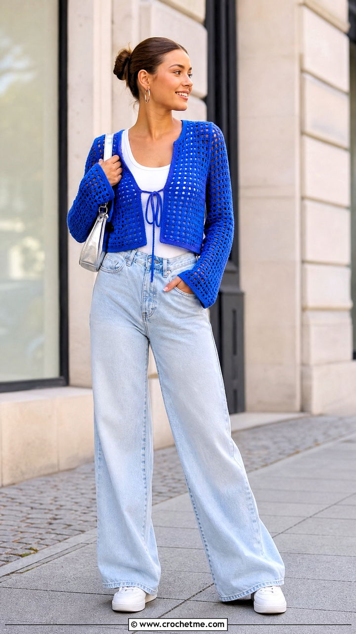 Cropped Mesh Blue Crochet Cardigan With Wide Leg Jeans - 35 blue crochet cardigan outfit ideas