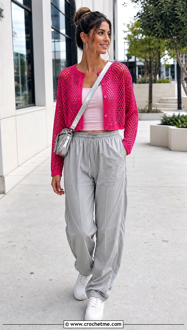Cropped Mesh Crochet Button Down Cardigan With Parachute Pants - 25 crochet button down cardigan outfit ideas