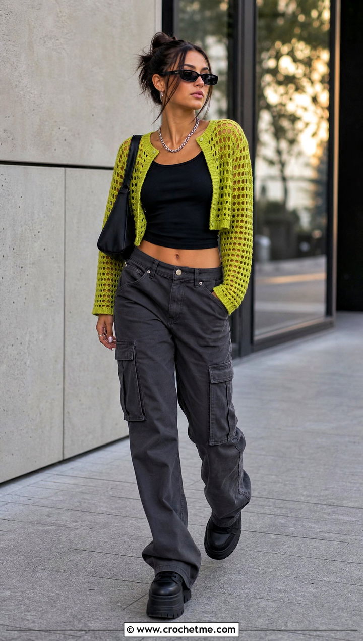 Cropped Mesh Crochet Cardigan With Cargo Pants - 25 halloween crochet cardigan outfit ideas