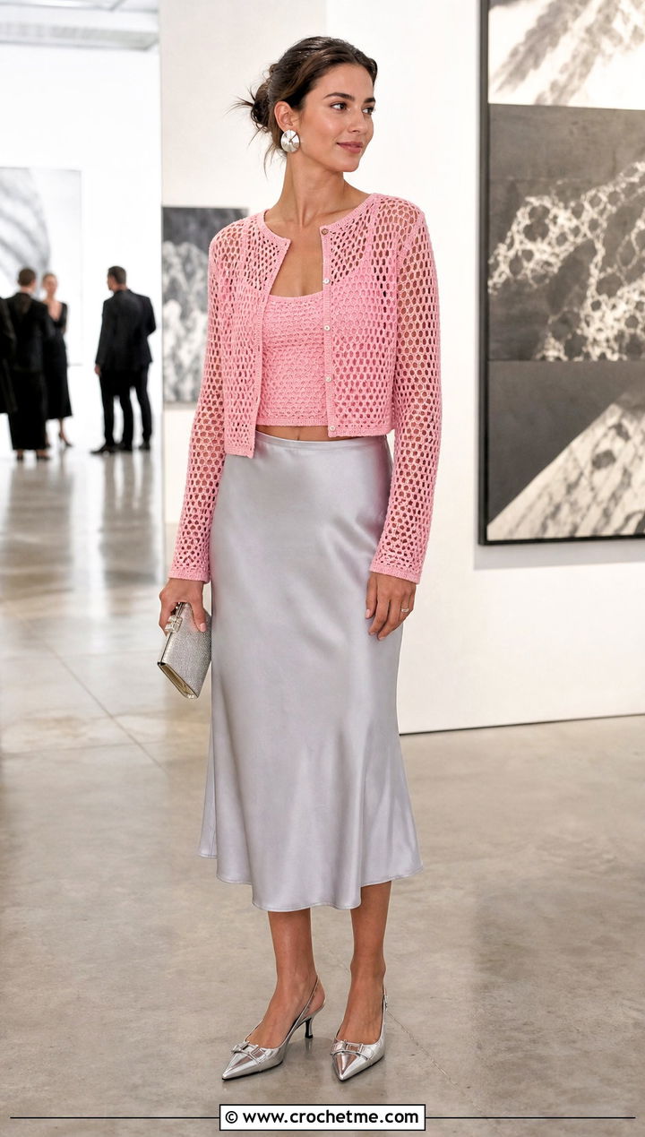 Cropped Mesh Crochet Cardigan With Satin Midi Skirt - 15 Aesthetic Crochet Cardigan outfit ideas