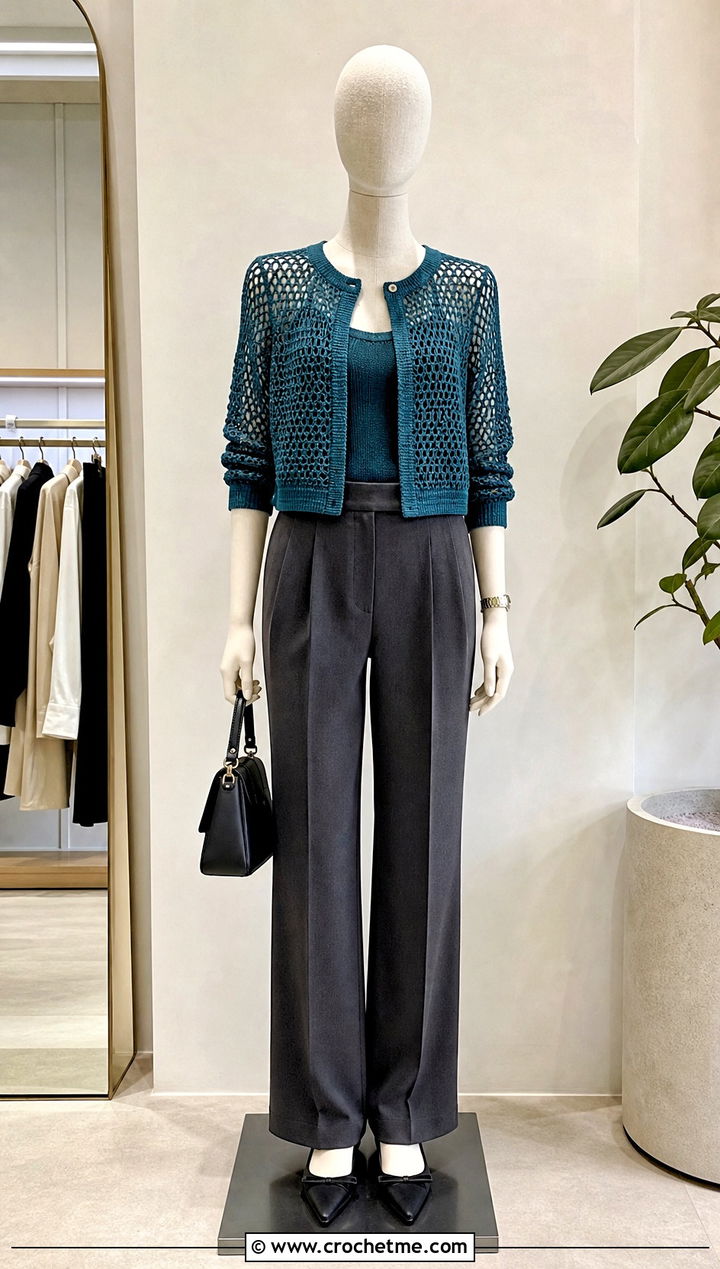 Cropped Mesh Crochet Cardigan With Tailored Trousers - 15 Crochet Cardigan On Mannequin outfit ideas