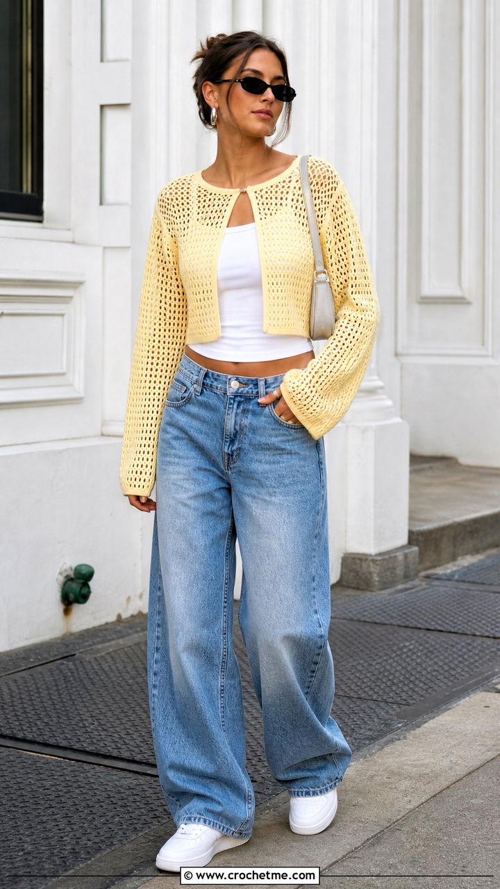 Cropped Mesh Crochet Cardigan With Wide Leg Jeans - 35 crochet summer cardigan outfit ideas