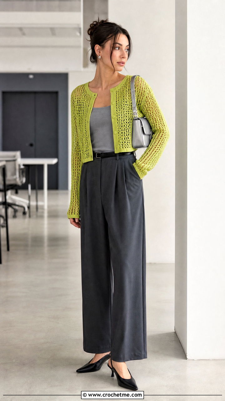 Cropped Mesh Crochet Cardigan With Wide Leg Trousers - 35 crocheted cardigan outfit ideas