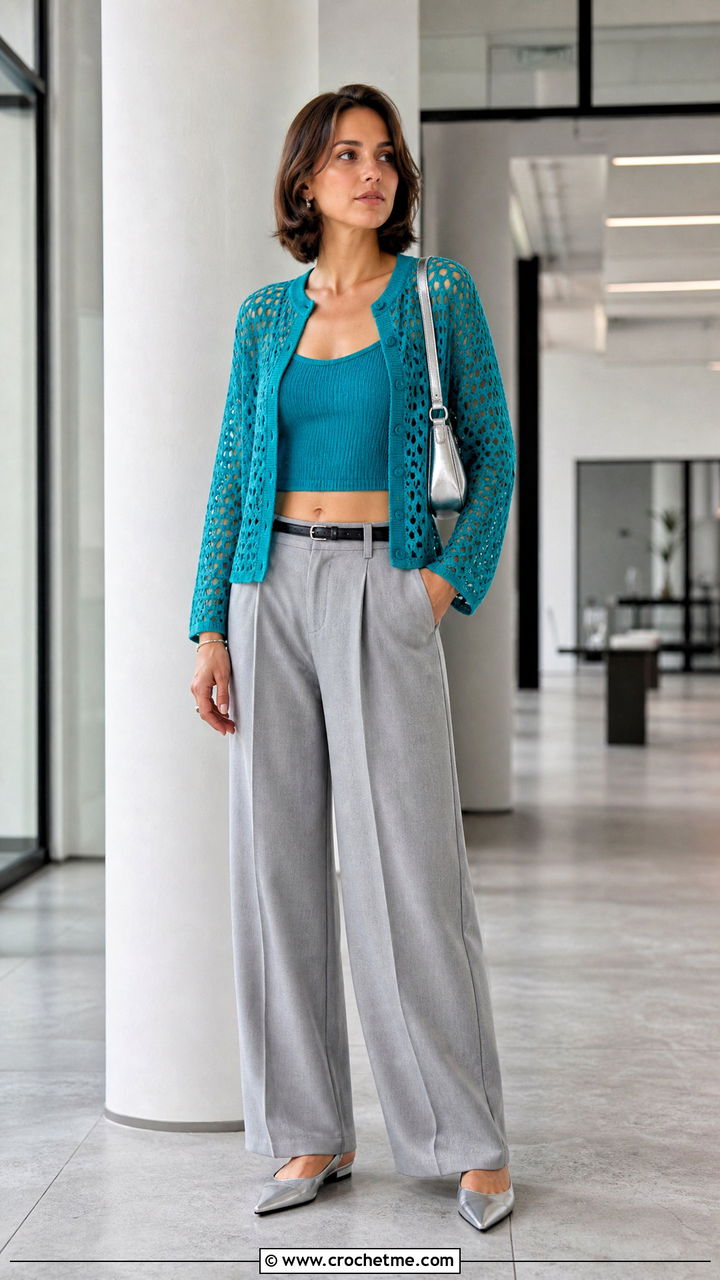 Cropped Mesh Crochet Cardigan With Wide Leg Trousers - 35 easy crochet cardigan outfit ideas