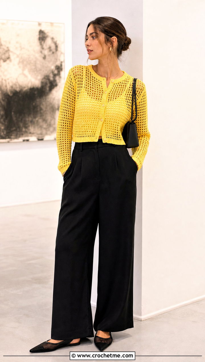 Cropped Mesh Crochet Cardigan With Wide Leg Trousers - 15 crazy classic crochet cardigan outfit ideas