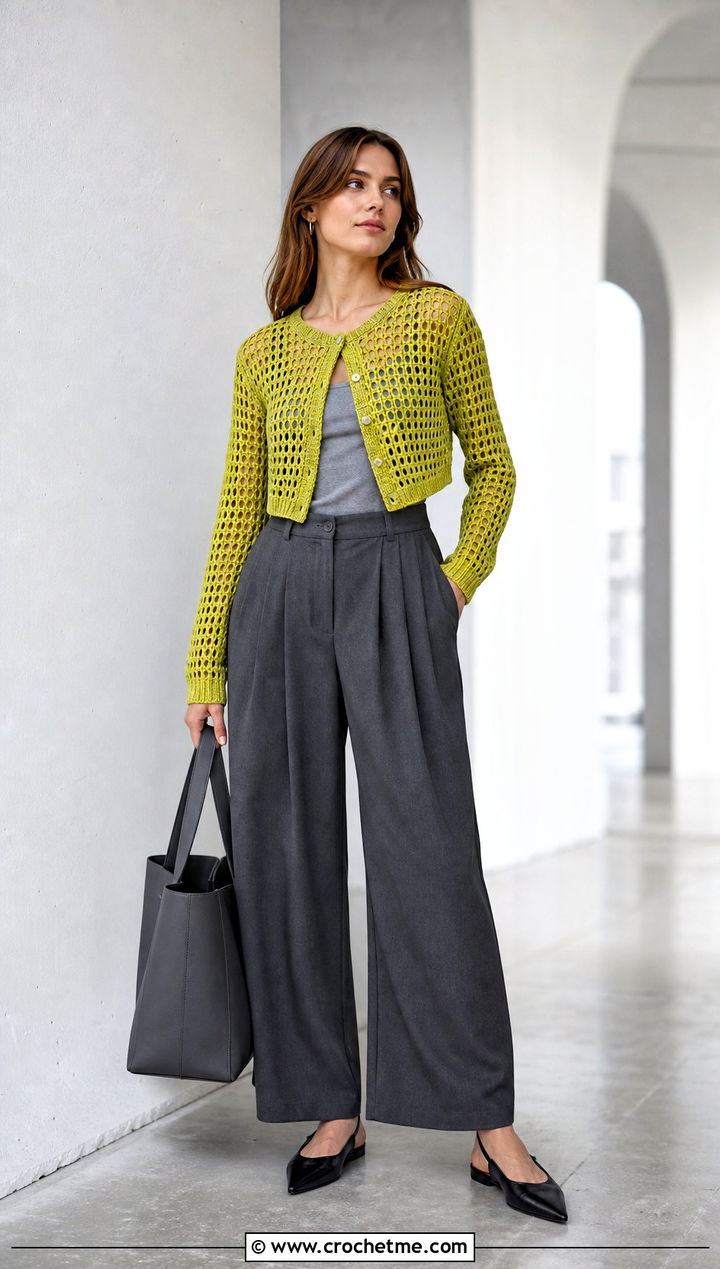 Cropped Mesh Crochet Cardigan With Wide Leg Trousers - 20 Crochet Cardigan For Women Sweater Coats outfit ideas