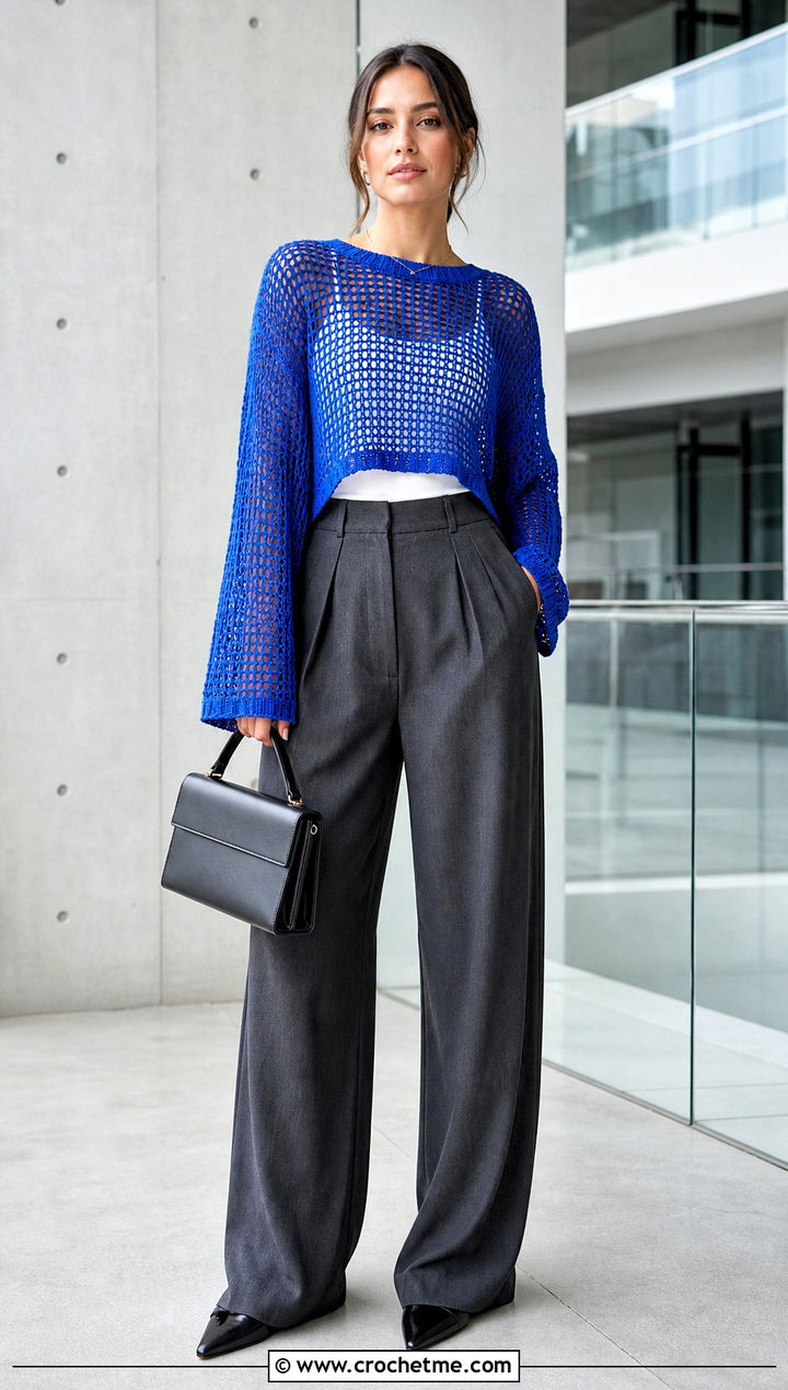 Cropped Mesh Crochet Drop Shoulder Sweater With High Waisted Trousers - 30 crochet drop shoulder sweater outfit ideas