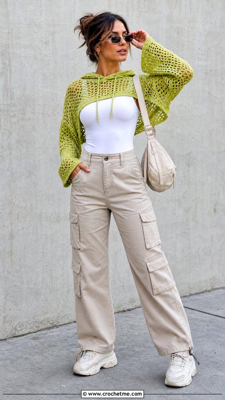 Cropped Mesh Crochet Hoodie With Cargo Pants - 35 crochet hoodie outfit ideas