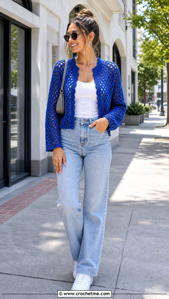 Cropped Mesh Crochet Jacket With Straight Leg Jeans - 20 Lacy Crochet Jacket outfit ideas